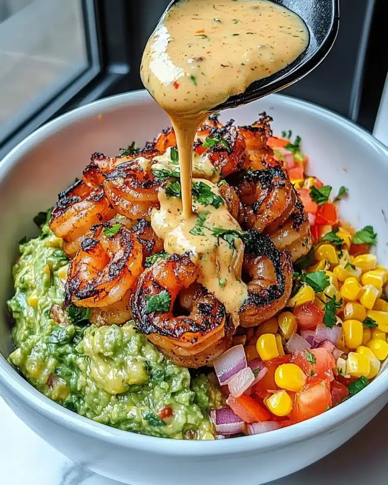 Grilled Shrimp Bowl with Avocado, Corn Salsa & Creamy Garlic Sauce Recipe