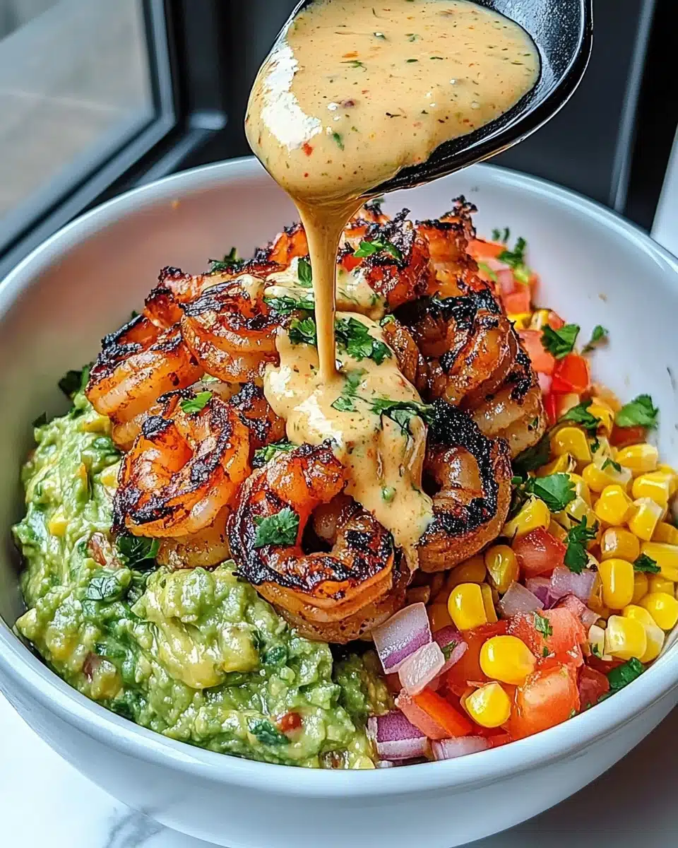 Grilled Shrimp Bowl with Avocado, Corn Salsa & Creamy Garlic Sauce Recipe