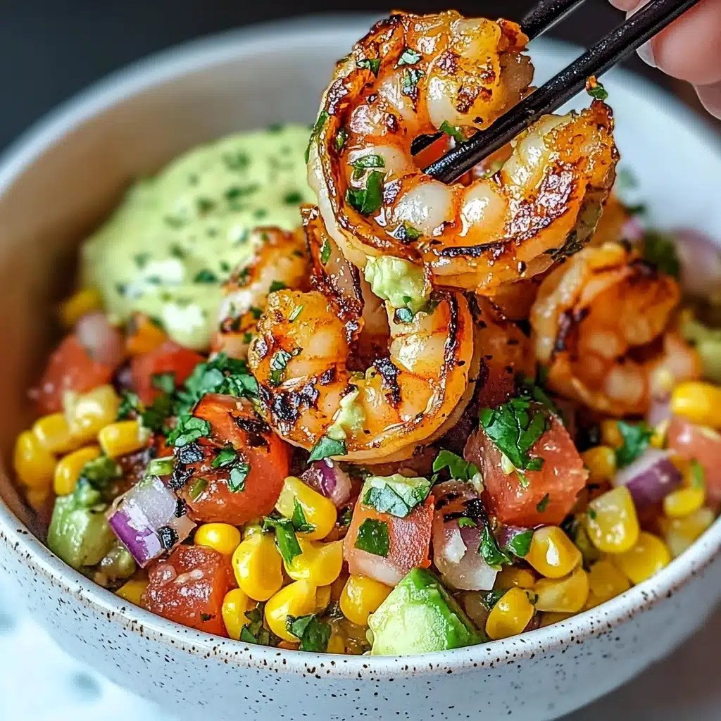 Grilled Shrimp Bowl with Avocado, Corn Salsa & Creamy Garlic Sauce Recipe - Recipe Image