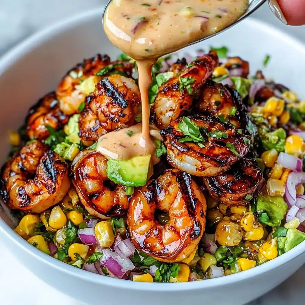 Grilled Shrimp Bowl with Avocado, Corn Salsa & Creamy Garlic Sauce Recipe - Recipe Image