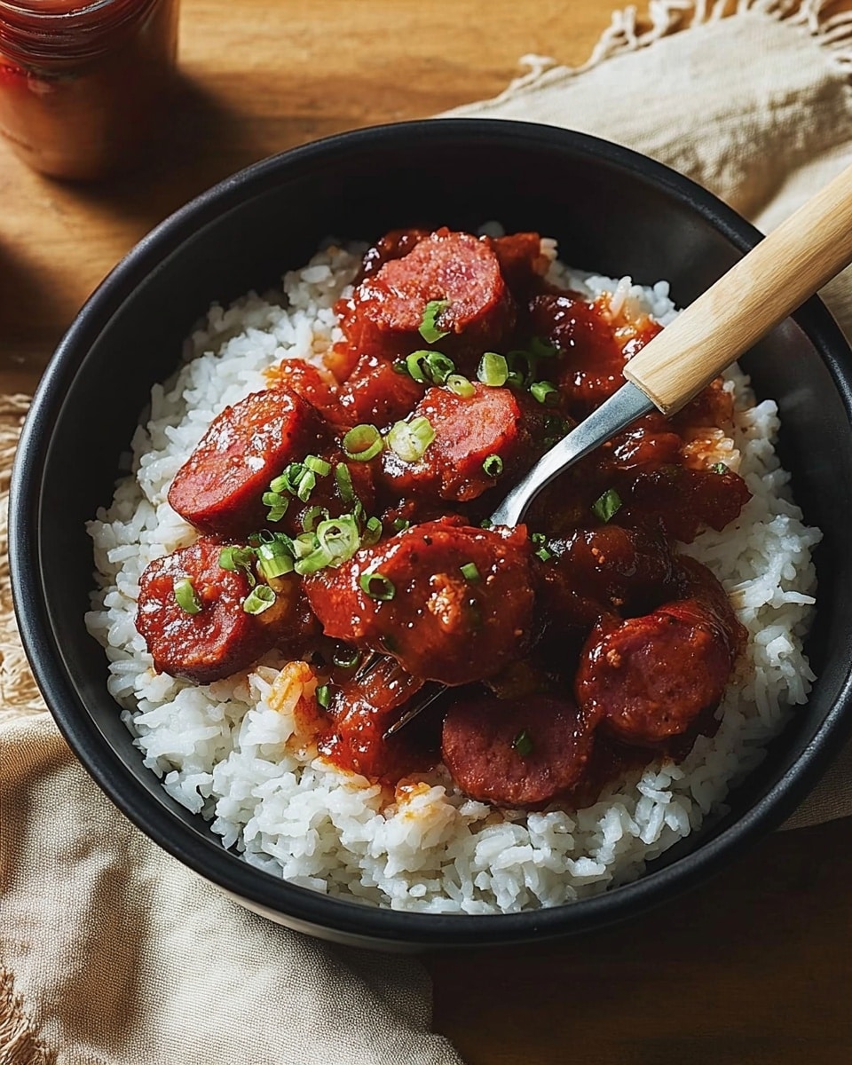 BBQ Smoked Sausage and Rice, smoky sausage dish, easy sausage recipes, quick weeknight dinner, flavorful rice and sausage A white bowl filled with a base layer of white rice, topped with several slices of deep red sausage covered in a thick red sauce, sprinkled with small green onion pieces. A knife and a fork with brown handles rest on the bowl’s edge, the fork spearing a piece of sausage and rice. The bowl is placed on a wooden surface with a beige cloth napkin on the side and a bottle of hot sauce visible in the top right corner. The colors are warm and inviting, casting natural shadows.