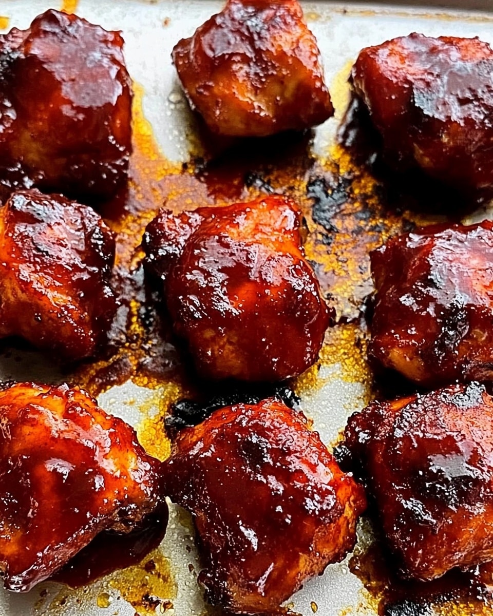 Oven BBQ Chicken Thighs with Peach Preserves, BBQ Chicken Thighs with Peach Preserves, Easy Oven BBQ Chicken, Juicy Chicken Thighs with Fruit Glaze, Sweet and Tangy Chicken Dinner A close-up view of nine small pieces of chicken covered in a thick, shiny red-brown sauce, arranged in two uneven rows on a metal tray. The chicken pieces have a caramelized, slightly charred surface showing dark spots and a textured, juicy look. The tray underneath shows dark burnt marks and a moist, oily layer that reflects light, creating a rustic and rich appearance. The background is a white marbled texture.