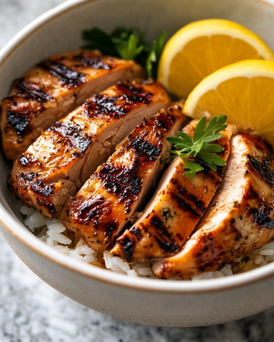 The Best Grilled Chicken, Juicy Grilled Chicken Recipes, Easy Grilled Chicken Marinade, Healthy Grilled Chicken Ideas, Weeknight Chicken Dinners The dish shows two portions of grilled chicken placed side by side in a white bowl. Each portion is sliced into thick strips, revealing the juicy white interior beneath a browned, slightly charred outer layer with visible grill marks. A sprig of fresh green thyme rests on top of the chicken near the center. Two bright yellow lemon wedges are positioned to the side inside the bowl, adding a fresh contrast. The bowl sits on a white marbled surface, enhancing the natural colors of the food.