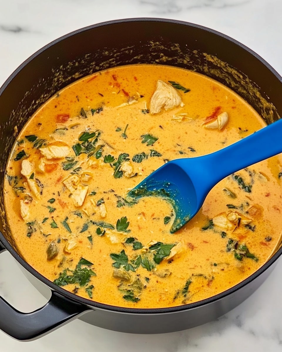 A large white pot filled with creamy orange soup that has spirals of pasta shells, shredded light brown chicken pieces, dark green spinach leaves, and small bits of red tomatoes scattered throughout. A silver ladle lifts some soup showing a thick texture with the same ingredients, and there are tiny black pepper specks and red chili flakes on top. The pot sits on a white marbled surface with a gray and white striped cloth underneath. Photo taken with an iphone --ar 4:5 --v 6.1