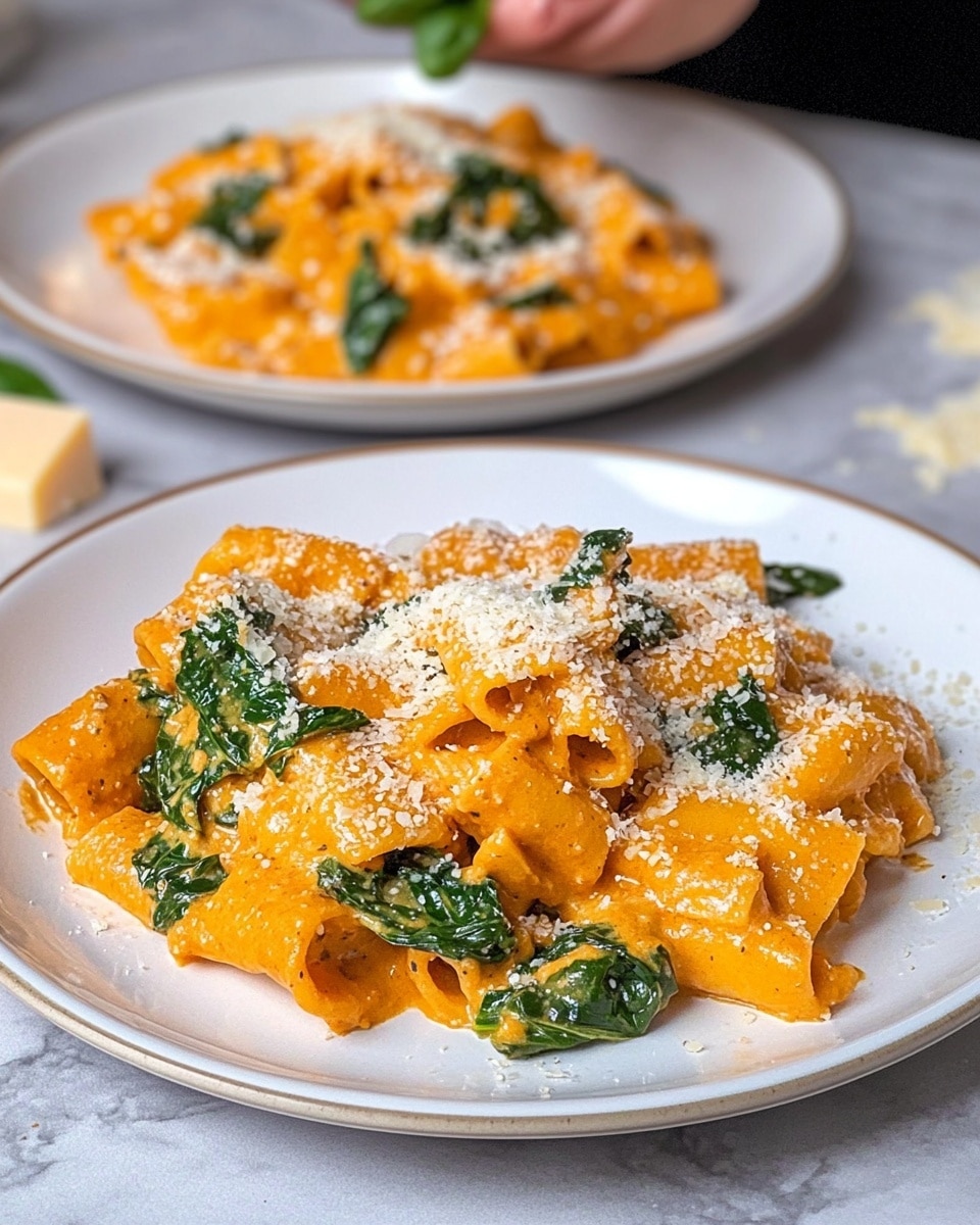 The image shows two white plates filled with orange creamy pasta with spinach leaves mixed in. The pasta is layered thickly on the plates, with visible pieces of chopped spinach scattered on top and mixed inside, and grated cheese sprinkled across the surface, adding a light white texture. The plate in the foreground has pasta that looks folded into small square shapes, covered evenly with the sauce and spinach. The surface beneath is a white marbled texture with some scattered bits of cheese. In the background, a woman s hand holding a piece of cheese crumbles it near the plates. Photo taken with an iphone --ar 4:5 --v 6.1