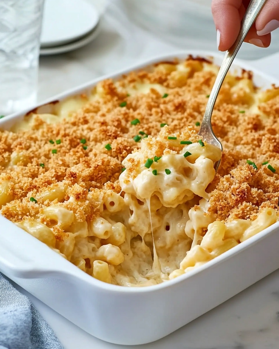 The image shows a rectangular white ceramic baking dish filled with macaroni and cheese. The dish has two visible layers: the bottom layer is creamy and yellow-orange with soft macaroni pasta, and the top layer is a golden brown crunchy breadcrumb topping with small green herb bits sprinkled evenly. The baking dish is placed on a metal cooling rack, and the surface beneath it is a white marbled texture. The overall look is warm and comforting. photo taken with an iphone --ar 4:5 --v 6.1