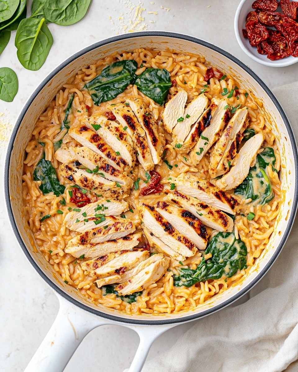 The image shows a large white pan filled with a creamy pasta dish made of orzo pasta in a light orange sauce with specks of red from sun-dried tomatoes and dark green spinach leaves mixed throughout. On top of the pasta, there are three pieces of cooked chicken, each sliced into about six pieces, placed side by side across the pan. The chicken has a golden brown color with visible black pepper seasoning and some green herbs sprinkled over both the chicken and pasta. Around the pan, on a white marbled surface, there is a beige cloth napkin and three small white bowls; one with chopped sun-dried tomatoes, one with uncooked orzo, and a third one partially visible. Some small pieces of green herbs are scattered on the surface near the pan. The photo taken with an iphone --ar 4:5 --v 6.1