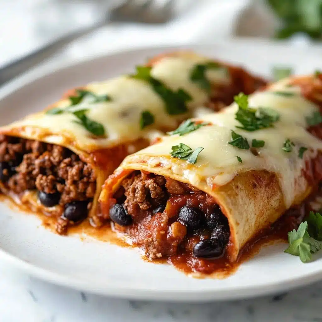 Beef Enchiladas, beef enchiladas recipe, Mexican beef enchiladas, homemade enchiladas, hearty beef enchiladas Two rolled tortillas filled with dark brown cooked ground beef mixed with black beans are placed side by side on a white plate. The tortillas are covered in a red sauce and topped with melted white cheese sprinkled with small pieces of fresh green herbs. The edges of the tortillas look slightly crispy, and some sauce has spilled onto the white plate. The background is a white marbled texture.