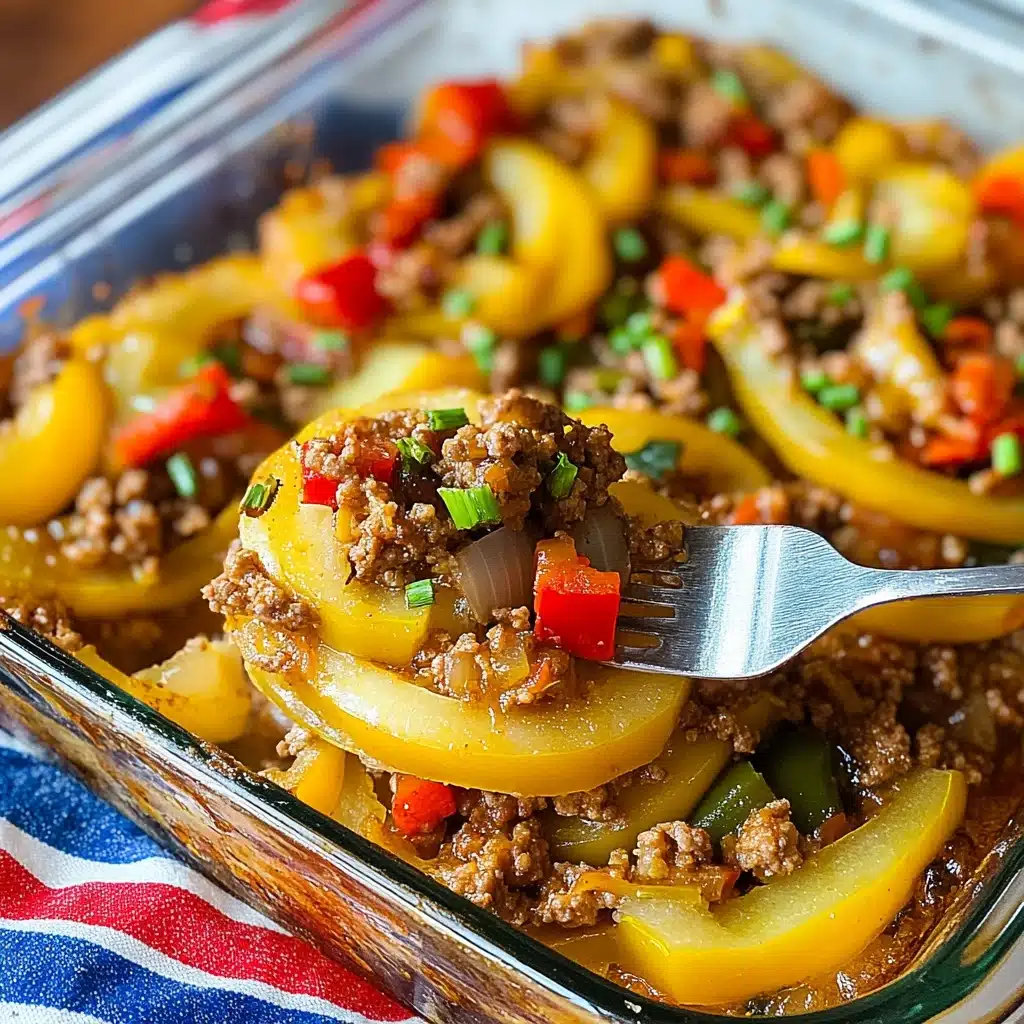 Southern Five Layer Beef Casserole, hearty beef casserole, layered comfort food, easy beef casserole recipe, family-friendly casserole A close-up of a clear glass baking dish filled with layers of cooked yellow squash slices, ground brown meat, chopped green and red bell peppers, and small bits of green onions sprinkled on top. The squash slices are tender and soft, with the meat filling sitting on top and mixed between the layers, showing a mix of textures with some shiny and moist parts from the cooking juice. A silver fork holds a scoop with a mix of ground meat, yellow squash, and red pepper, lifted above the dish. The dish is placed on a white marbled surface with a blurred striped cloth in blue, red, and white colors in the background.