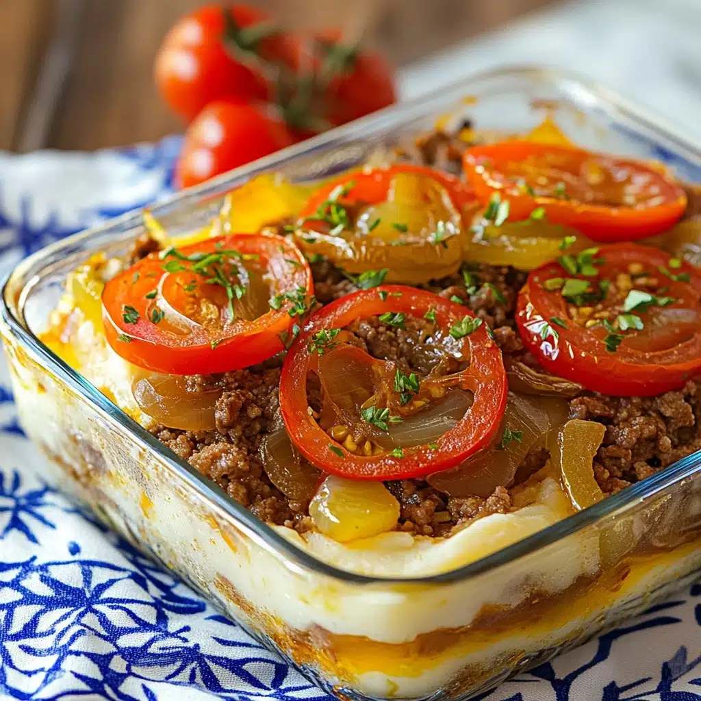 Southern Five Layer Beef Casserole, hearty beef casserole, layered comfort food, easy beef casserole recipe, family-friendly casserole The dish is a baked casserole in a clear glass rectangular dish. It has several visible layers starting at the bottom with a smooth, melted white cheese layer. Above the cheese, there is a mixed layer of browned ground meat and diced cooked onions with a slightly chunky texture. On top, there are thick red tomato slices arranged evenly across the surface, each topped with a few round slices of green jalapeño peppers. Small green herb bits are sprinkled on top for garnish. The casserole rests on a white marbled surface, with a blue and white patterned cloth partially under the dish.