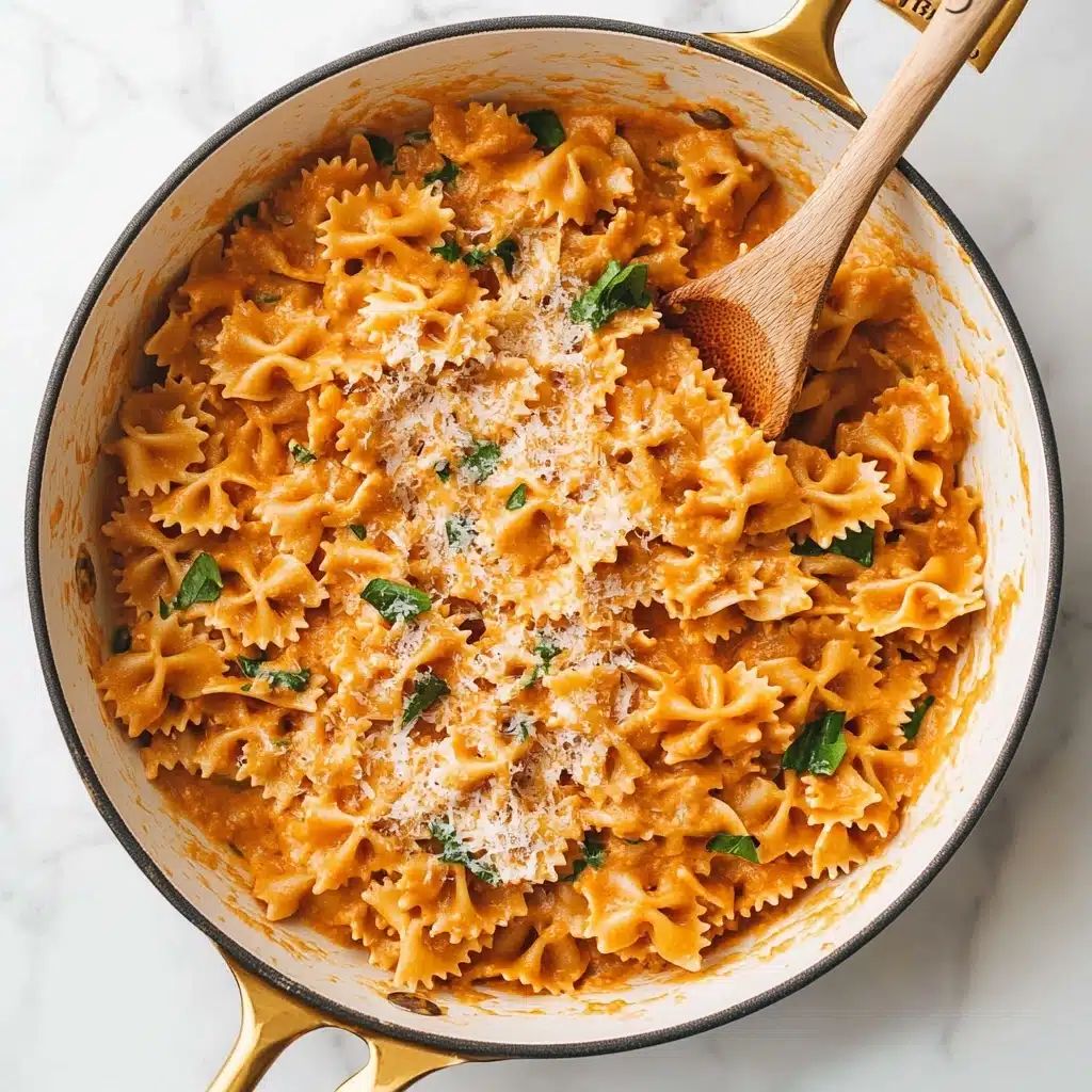 One-Pot French Onion Pasta, easy French onion pasta, savory onion pasta dish, comforting weeknight dinner, one-pot pasta recipes A large white skillet filled with cooked farfalle pasta mixed in a creamy, orange-colored sauce. The pancakes are coated evenly with the sauce, and small green herb leaves are scattered on top, along with light sprinkles of grated cheese. On the right side of the skillet, a wooden spoon is stirring the pasta, with the spoon partly covered in sauce. The skillet is placed on a white marbled surface.