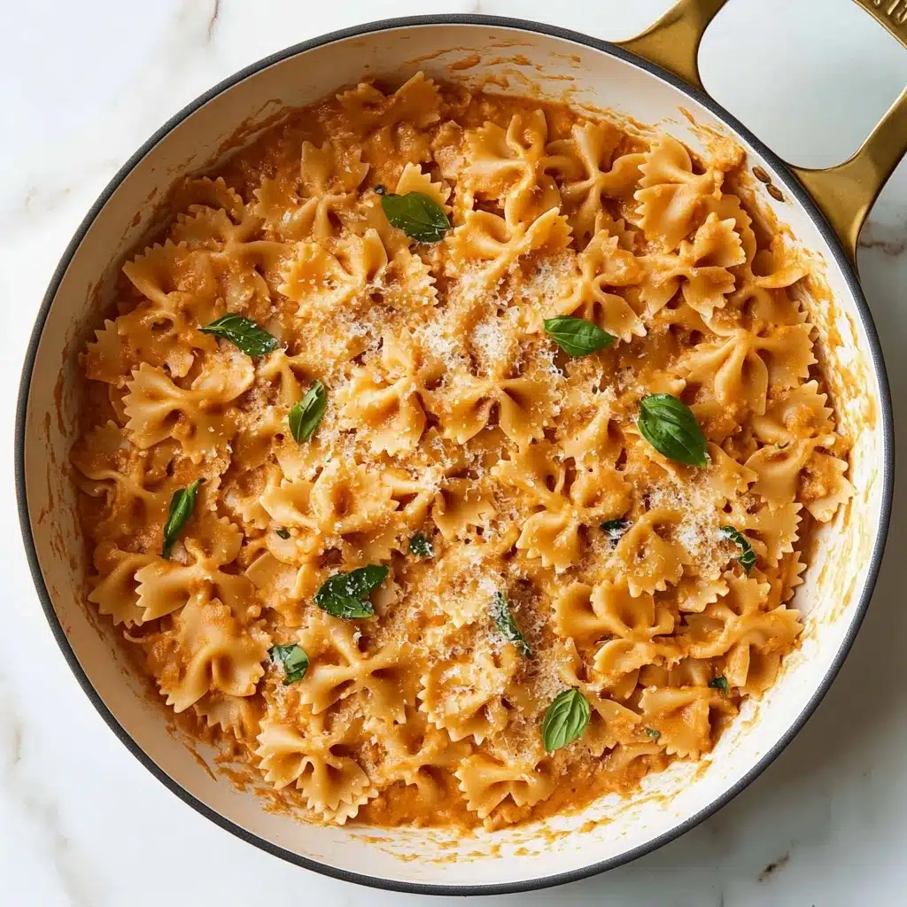 One-Pot French Onion Pasta, easy French onion pasta, savory onion pasta dish, comforting weeknight dinner, one-pot pasta recipes A close-up top view of a large white pan filled with creamy farfalle pasta mixed well in a thick orange-brown sauce. The farfalle pasta pieces are fully coated and spread evenly across the pan. Small green herb leaves are lightly sprinkled on top, along with a few spots of grated light-colored cheese, adding texture contrast to the smooth sauce. The pan has a golden handle that stands out against the white marbled surface underneath. The sauce has a rich, smooth texture that clings to the pasta, making it look warm and comforting.