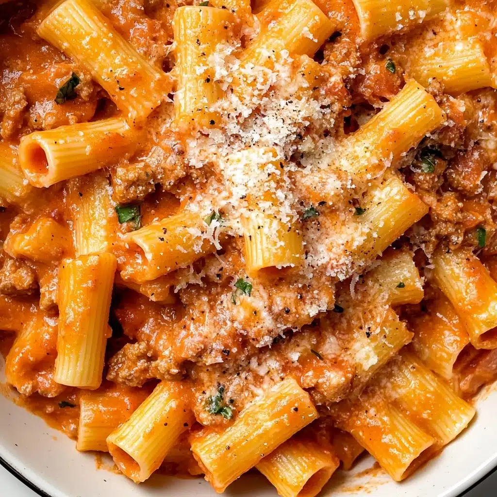 Sausage Rigatoni, easy sausage pasta, quick Italian pasta, creamy sausage sauce, crowd-pleasing Rigatoni dinner The image shows many short tube-shaped pasta pieces mixed with a creamy, slightly orange tomato sauce. There are small chunks of browned meat and bits of green herbs scattered throughout. On top, there is a fine layer of shredded white cheese covering the pasta and sauce. The pasta has a smooth texture with ridges, and the sauce clings well, giving a rich and hearty look. This dish is shown closely, filling the whole frame with no plate visible, on a white marbled texture background.