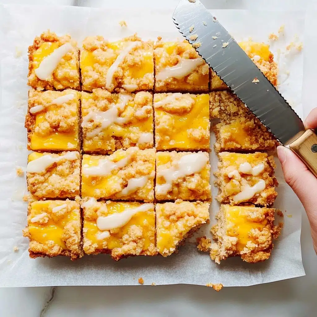 Coconut Mango Bars with Lime Glaze, tropical dessert bars, mango coconut crumble, easy summer fruit bars, lime glazed tropical treats A square dessert bar is shown on white parchment paper on a white marbled surface, divided into 16 even pieces visually by slicing lines. The bar has three layers: a crumbly, golden-brown topping made of streusel chunks scattered unevenly on top; a middle bright yellow layer of fruit filling peeking through the crumb topping; and a bottom layer of pale, soft-looking crust. A woman's hand is holding a large knife cutting a piece from the top left corner. The texture of the crumb top looks rough and crumbly, while the yellow filling is smooth and shiny with a glaze of white icing drizzled unevenly over the entire top surface.
