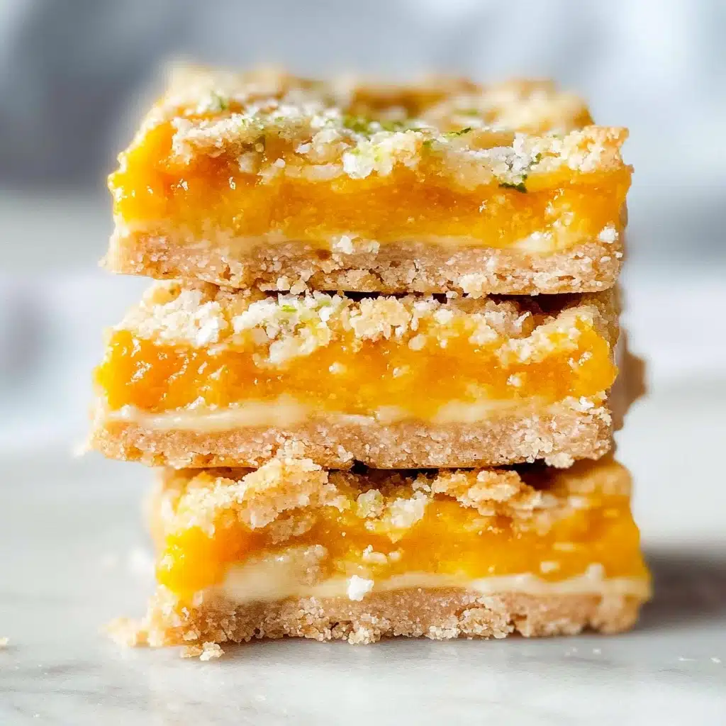 Coconut Mango Bars with Lime Glaze, tropical dessert bars, mango coconut crumble, easy summer fruit bars, lime glazed tropical treats A close-up of three square bars stacked on top of each other on a white marbled surface. Each bar has three layers: the bottom layer is a thick, light beige crumbly crust; the middle layer is a bright orange, smooth and glossy filling; the top layer is uneven and crumbly with small white crumbs and drizzles of a white glaze with tiny green flecks. The bars look soft and moist with the glaze slightly dripping.