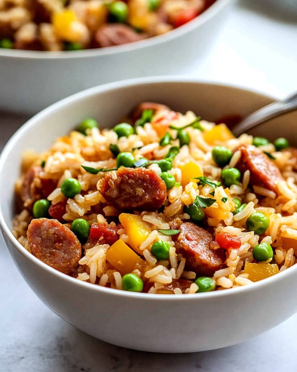 Smoked Sausage and Rice One-Pot Dinner, easy sausage and rice skillet, quick weeknight dinner with sausage, smoky sausage rice dish, simple one-pot sausage recipe A close-up image shows several small, round slices of cooked sausage stacked slightly on a large silver spoon held over a white pot. The sausage slices have a shiny, reddish-brown color with a smooth and slightly oily texture reflecting the light. In the background, more sausage slices rest in the pot, which sits on a surface with a white marbled texture. The image focuses on the spoon and sausages, with warm lighting highlighting the rich color and glossy surface of the sausage slices.
