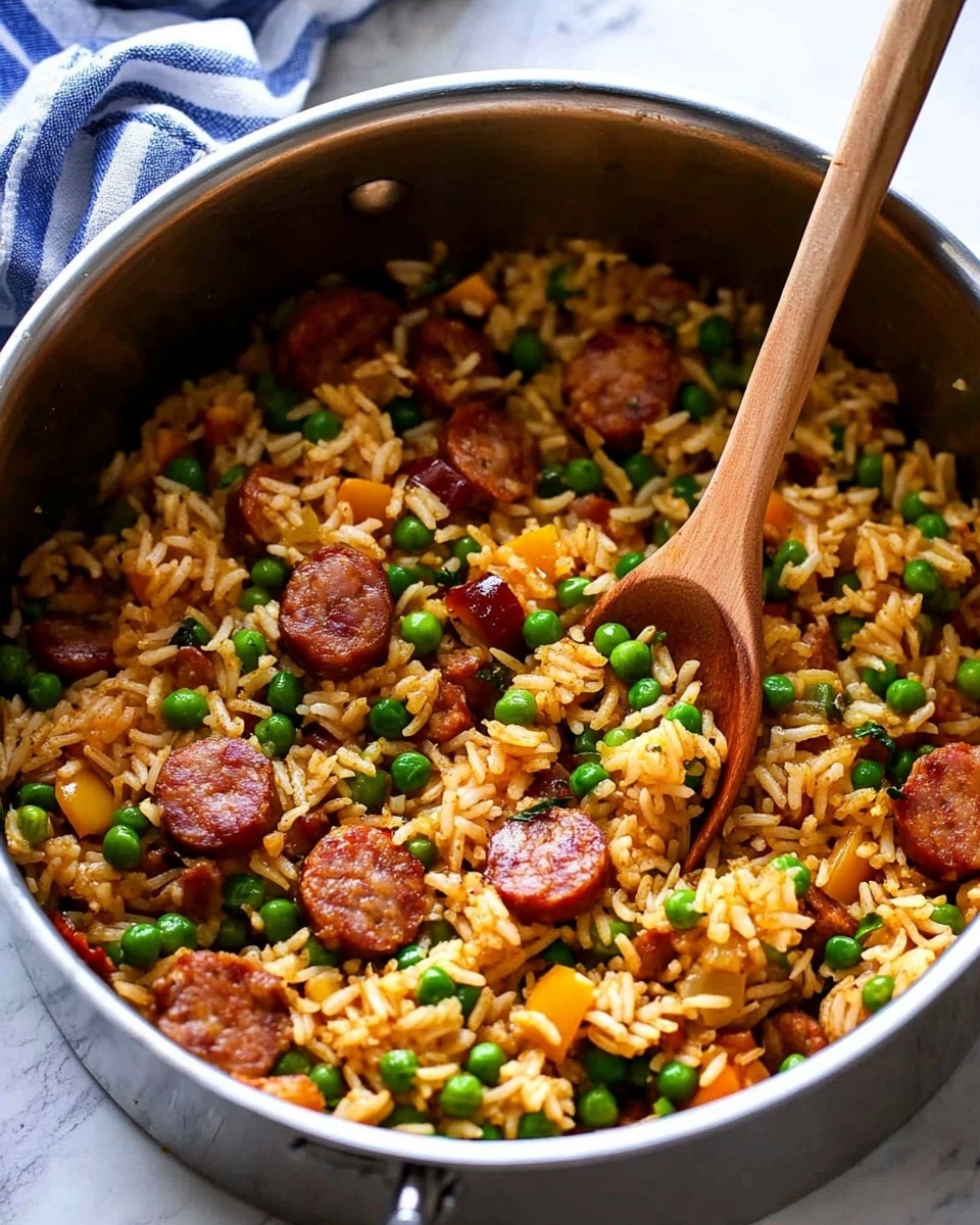 Smoked Sausage and Rice One-Pot Dinner, easy sausage and rice skillet, quick weeknight dinner with sausage, smoky sausage rice dish, simple one-pot sausage recipe A close-up view of a bowl filled with colorful rice mixed with small green peas, bright yellow and red bell pepper pieces, and chunks of browned sausage scattered throughout. The rice looks fluffy with a slightly oily texture and is mixed evenly with the vegetables and sausage. The bowl is white, round, and smooth, placed on a white marbled surface with a blurred similar bowl in the back. A silver spoon rests inside the front bowl, adding a reflective shine to the scene. The lighting highlights the vibrant colors and textures of the dish, making it look fresh and appetizing.