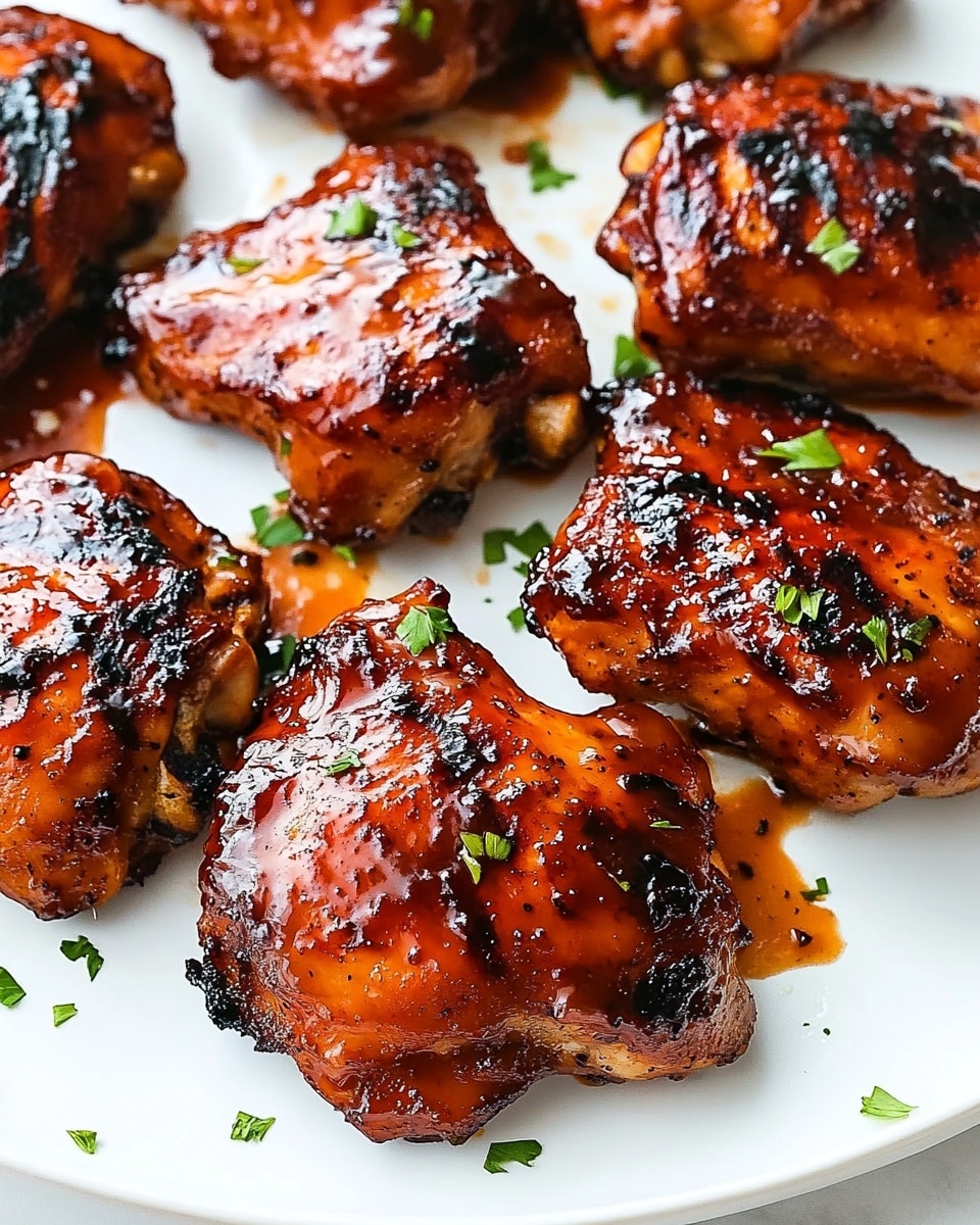 Caramelized BBQ Chicken Thighs, Oven BBQ Chicken Thighs, Easy Chicken Thighs Dinner, Juicy Oven Chicken Thighs, Sticky BBQ Chicken The image shows a white tray lined with light brown parchment paper holding eight pieces of cooked chicken thighs. Each piece is covered with a shiny, reddish-brown sticky sauce. The chicken skin has some dark charred spots around the edges and the sauce has spread onto the parchment paper, creating glistening orange-red oil pools. The chicken pieces appear juicy with a mix of crispy and tender textures. The tray sits on a white marbled surface.
