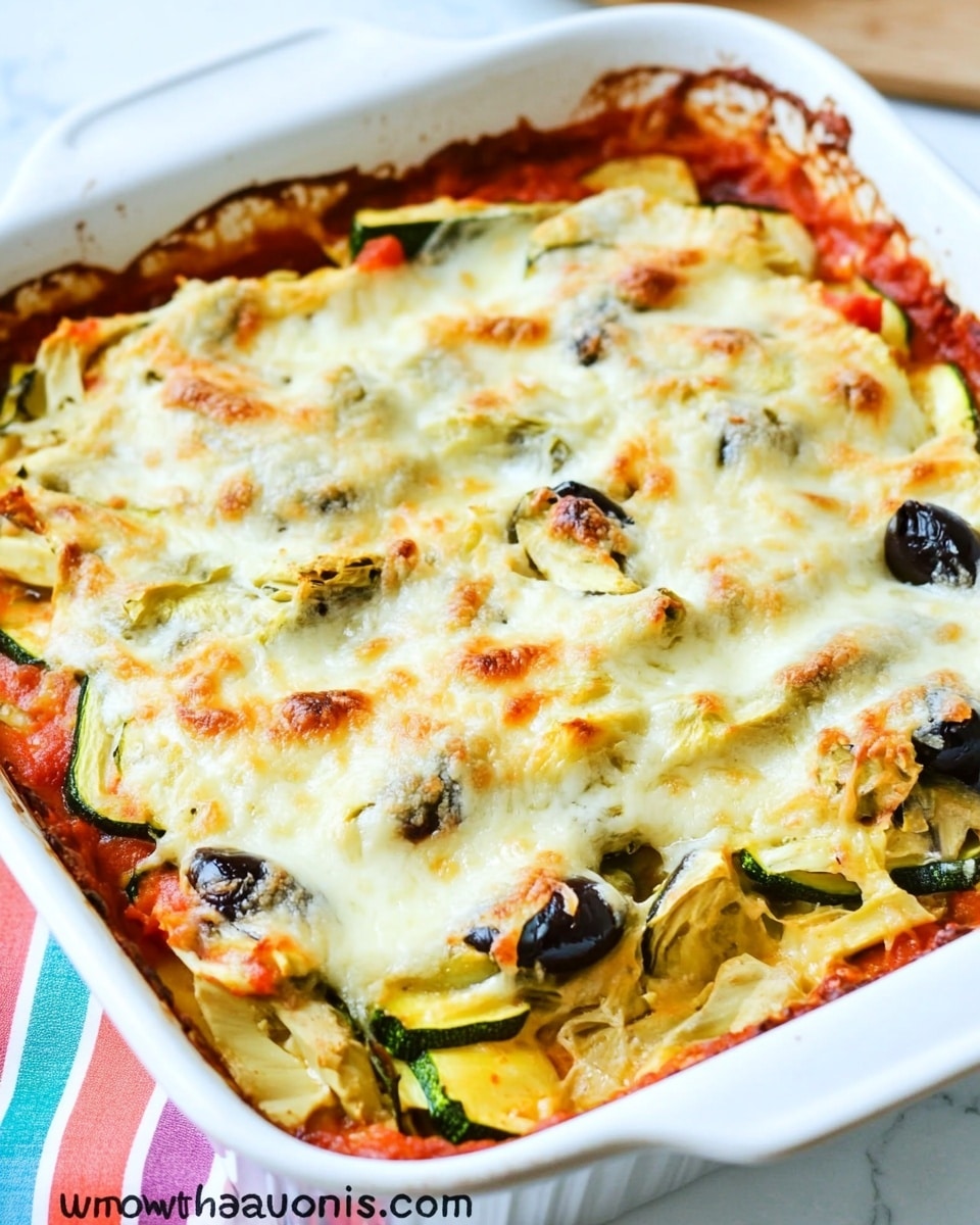 Baked Greek Chicken Casserole, Greek chicken bake, Mediterranean chicken recipe, easy Greek casserole, wholesome chicken dinner A white rectangular baking dish filled with a baked vegetable casserole, showing at least three layers. The bottom layer has a mix of dark brown and green vegetables, likely mushrooms and zucchini, with some pieces of red peppers scattered throughout. The middle layer is softer pale yellow slices of cooked potatoes or squash. The top layer is melted white cheese, bubbling and slightly browned in spots, covering the vegetables underneath unevenly. The dish sits on a striped cloth with light green, orange, and beige tones on a white marbled surface. A wooden spoon rests above the dish against the background.