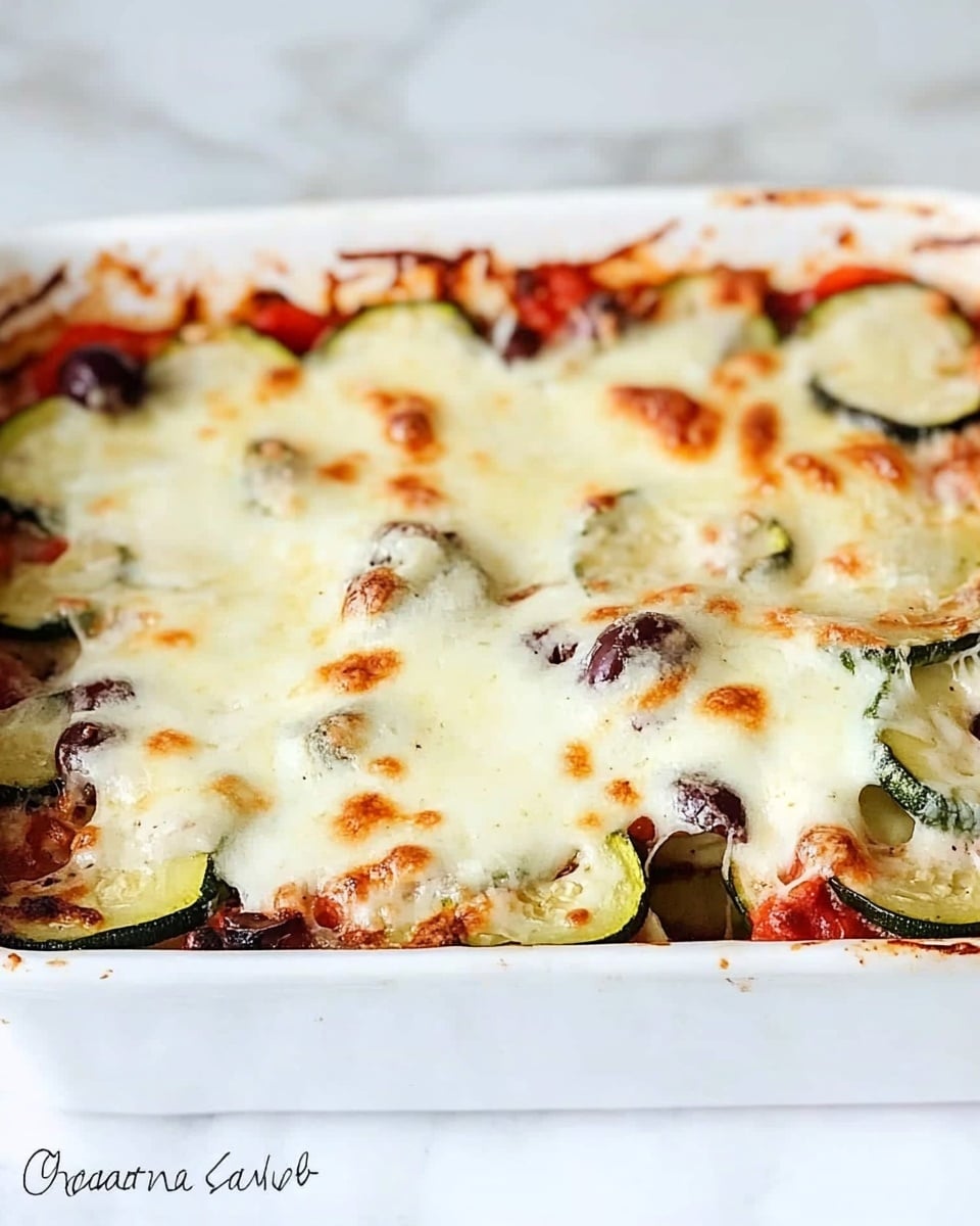 Baked Greek Chicken Casserole, Greek chicken bake, Mediterranean chicken recipe, easy Greek casserole, wholesome chicken dinner A white rectangular baking dish is filled with multiple layers of baked vegetables and melted cheese. The top layer is covered with bubbly, melted white cheese that has some light golden-brown spots from baking. Underneath the cheese, there are visible slices of zucchini, red peppers, and olives that add green, red, and black colors to the dish. The vegetables appear soft and mixed, creating a rich texture with a slightly browned edge. The dish sits on a white marbled surface, and the edges of the baking dish have some melted cheese spilling over.