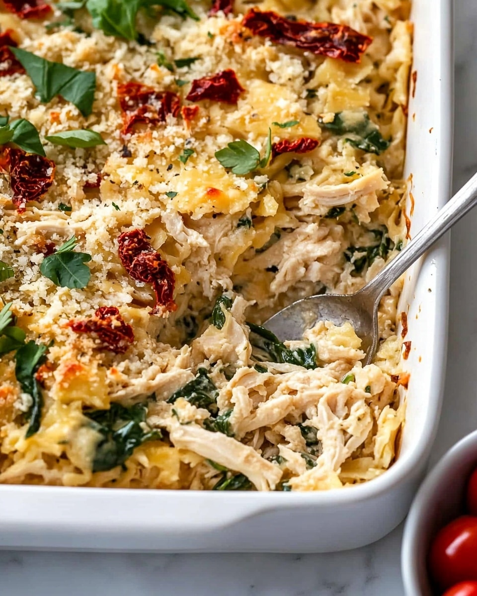 Greek Chicken Orzo Casserole, Greek chicken casserole, easy chicken orzo bake, mediterranean chicken casserole, comforting chicken pasta dish A white rectangular baking dish filled with a baked casserole that has visible layers of shredded light yellow chicken, bright red roasted peppers, dark green spinach leaves, and bits of white cheese crumbled on top. The casserole has a creamy texture with a mix of colors from the ingredients spread evenly across the surface. The dish is placed on a white marbled surface, with a small white bowl of bright red roasted peppers and a small white bowl of fresh green parsley visible nearby. A gray and white striped cloth and a silver spoon rest beside the baking dish.