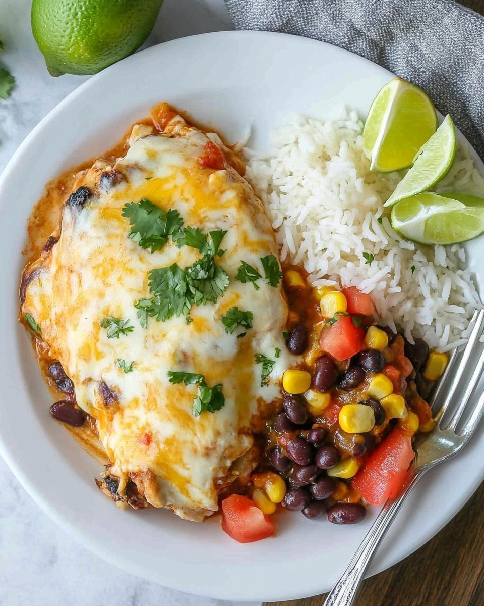 Santa Fe Chicken, Southwest chicken recipe, smoky spicy chicken, easy weeknight dinner, flavorful chicken dishes The image shows a white plate with three main parts. On the left side is a piece of cooked chicken covered by melted cheese that is a mix of white and light yellow colors with some green herbs on top. Under the chicken is a layer of mixed cooked vegetables including black beans, corn, and chunks of red tomatoes and brown onions. On the right side of the plate is a serving of white rice arranged in a neat mound, with three lime wedges placed on top of the rice on the upper right corner. A silver fork lies under the chicken with its handle pointing toward the bottom right, and a serrated knife is placed near the bottom right edge of the plate on a white marbled surface.