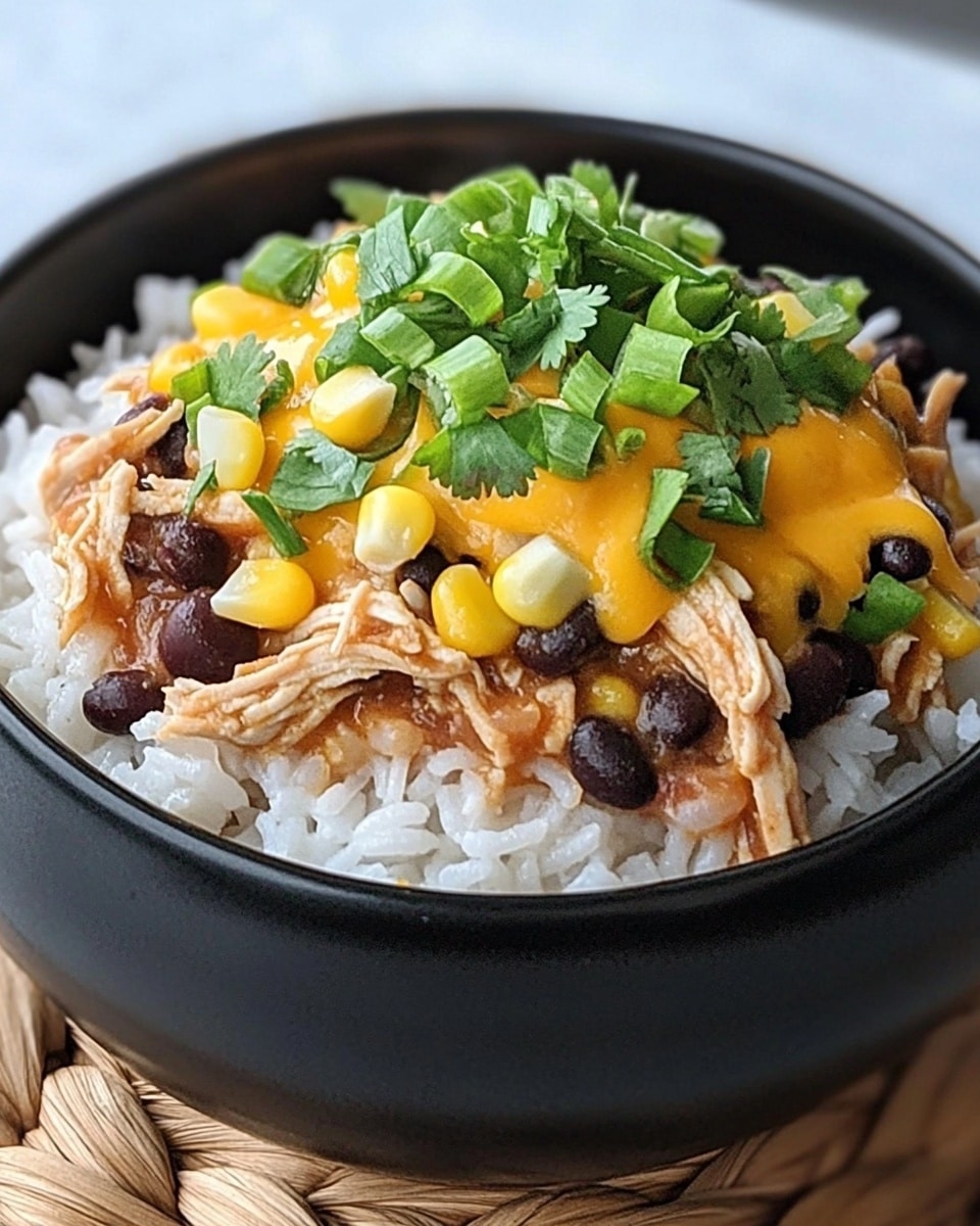 Crock Pot Santa Fe Chicken, Santa Fe Chicken Recipe, Slow Cooker Southwestern Chicken, Easy Crock Pot Chicken Dinner, Spicy Chicken Crockpot A black bowl sits on a woven basket on a white marbled surface. Inside the bowl, the bottom layer is white rice, fluffy and soft. On top of the rice, there is a hearty layer of shredded brown chicken mixed with black beans and yellow corn kernels. Melted yellow cheese is spread over the chicken mix, adding a creamy texture. The dish is finished with a generous topping of chopped green onions and fresh green cilantro, adding bright green colors to the top.