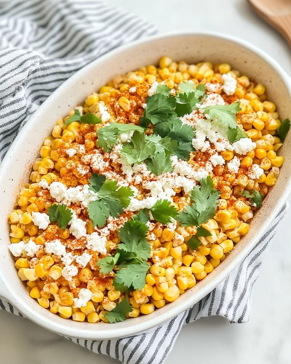 Mexican Street Corn, Elote, Mexican Corn Salad, Easy Elote Recipe, Corn Side Dish A white oval bowl filled with cooked corn kernels that are golden yellow and slightly glossy, layered evenly as the base. On top of the corn, there is a sprinkling of white, crumbly cheese that covers the surface, followed by fresh, chopped green cilantro scattered around. A light dusting of red chili powder adds a hint of color contrast in the center. The bowl sits on a white marbled surface with a folded striped cloth on the left side and a wooden spoon to the right.