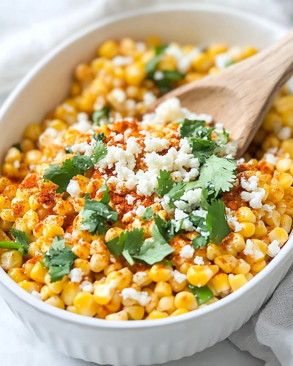 Mexican Street Corn, Elote, Mexican Corn Salad, Easy Elote Recipe, Corn Side Dish The dish shows a white oval bowl filled with cooked corn coated in an orange-red seasoning, giving a warm, spicy look. The corn kernels are bright yellow and tender. On top, there are crumbles of white cheese sprinkled evenly, along with fresh green cilantro leaves and chopped green onions adding a fresh color contrast. A wooden spoon is partially dipped in the bowl on the right side, gently stirring the corn mixture. The bowl is placed on a surface with a white marbled texture, and a striped cloth is partly visible under the bowl.