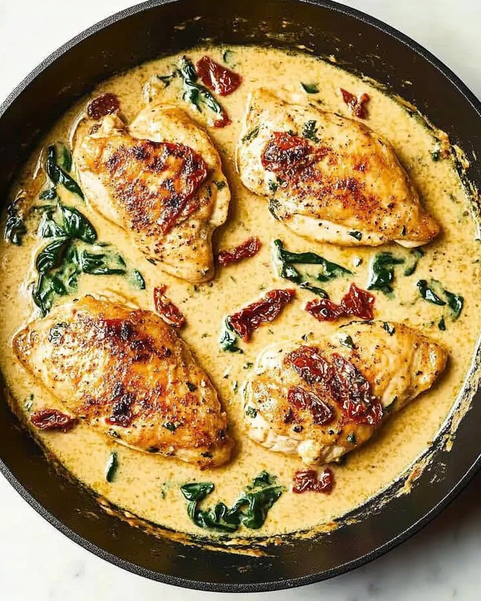 One-Pan Tuscan Chicken, easy Italian chicken dinner, creamy garlic chicken, healthy weeknight chicken, sun-dried tomato chicken The image shows four pieces of golden brown chicken arranged closely together in a creamy sauce. The chicken has a light sear with darker grill marks and is surrounded by a pale yellow sauce with specks of black pepper. Mixed into the sauce are wilted green spinach leaves and small pieces of red sun-dried tomatoes, adding pops of green and red throughout the creamy layer. The entire dish is placed on a background with a white marbled texture.