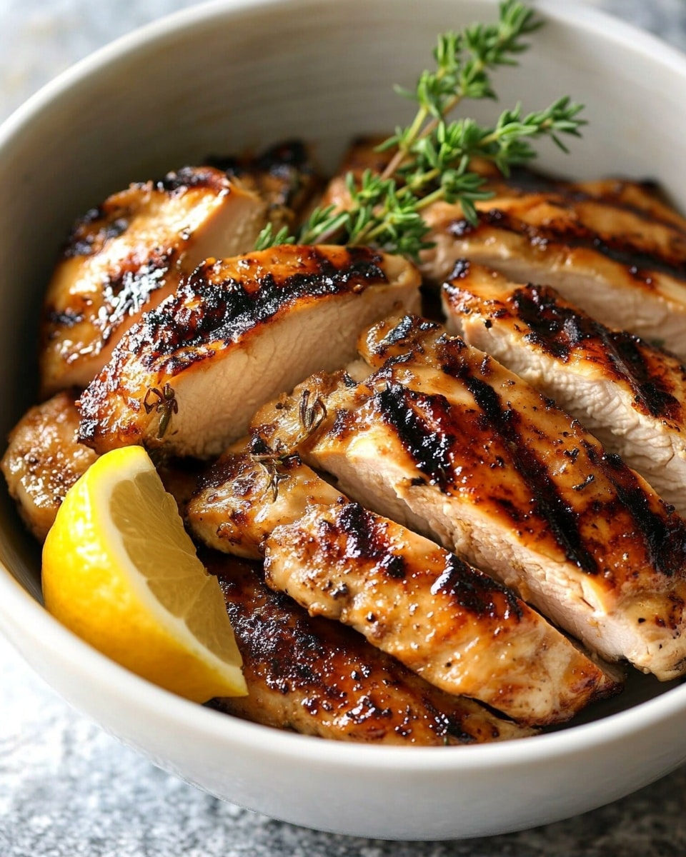 The Best Grilled Chicken, Juicy Grilled Chicken Recipes, Easy Grilled Chicken Marinade, Healthy Grilled Chicken Ideas, Weeknight Chicken Dinners A close-up view of a white bowl filled with two pieces of grilled chicken cut into thick slices, showing a crispy, dark brown and slightly charred outer layer with visible grill marks and tender white meat inside. The chicken is garnished with a small sprig of fresh green thyme placed on top. Two bright yellow lemon wedges are positioned inside the bowl next to the chicken, adding a fresh color contrast. The bowl is set on a white marbled surface, enhancing the dish's warm and inviting look.