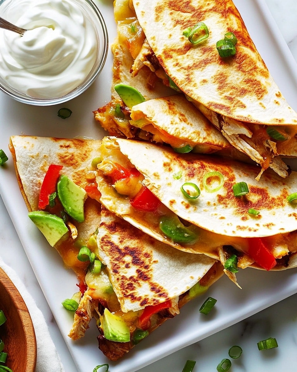 Chicken Quesadillas with Bell Peppers and Cheese, Easy Chicken Quesadillas, Cheesy Chicken Quesadillas, Quick Dinner Recipes, Delicious Mexican-inspired Quesadillas The image shows a white rectangular plate holding six triangular quesadilla slices arranged in a casual pile. Each quesadilla has two golden-brown, slightly crispy tortilla layers with melted cheese, red bell pepper strips, green avocado chunks, and bits of cooked chicken visible between the tortillas. The colors inside the quesadillas include creamy yellow cheese, bright red peppers, green avocados, and light brown chicken pieces. Some small pieces of chopped green onions are scattered on top and around the plate. Next to the plate, there is a clear glass bowl filled with smooth white sour cream with a small wooden-handled spoon resting in it, and a small round wooden dish with some chopped green onions on the side. The background is a white marbled surface.
