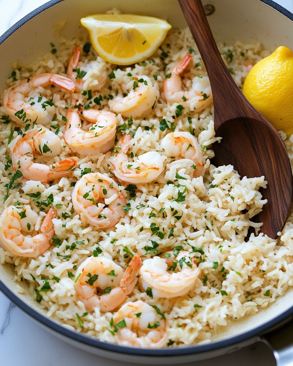 Shrimp and Lemon Parmesan Rice, one pot seafood dinner, quick shrimp and rice recipe, lemon parmesan seafood dish, easy one pot shrimp recipe A wooden bowl sits on a white marbled surface with a green cloth underneath. Inside the bowl, there are three layers: on the left, bright green asparagus spears lay side by side; in the center and right, a bed of fluffy white rice sprinkled with small green herb pieces forms the base; scattered on top of the rice are several pink-orange shrimp with visible tails, and two lemon wedges are placed to the right and just above the asparagus. A silver fork rests diagonally on the asparagus. The scene is fresh and colorful, with parsley leaves scattered around the bowl.