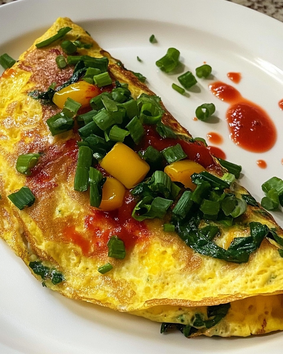Veggie Omelet, healthy breakfast ideas, quick brunch recipes, vegetarian breakfast, veggie omelet with Swiss cheese A white plate holds a folded yellow omelette with a slightly textured surface, showing golden spots from cooking. Inside and spilling out are green leafy vegetables and yellow bell pepper pieces. The top of the omelette is decorated with chopped green onions and small drops of red sauce scattered unevenly. The plate sits on a white marbled surface.