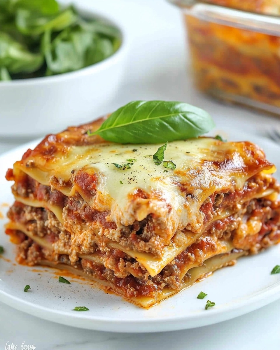 Just Like the Real Thing Keto Lasagna, keto lasagna, low-carb lasagna, keto comfort food, keto Italian dishes A thick square piece of lasagna sits in the center of a white plate on a white marbled surface. The lasagna has at least five layers: starting from the bottom, a rich layer of ground beef mixed with red tomato sauce, followed by a white cheese layer, then pasta sheets, more ground beef sauce, another pasta layer, topped with melted cheese that is golden brown with herbs sprinkled on top. Bright green fresh basil leaves rest on the melted cheese, adding a pop of color. In the background, there is a white bowl with green leafy vegetables and a clear container holding more lasagna.