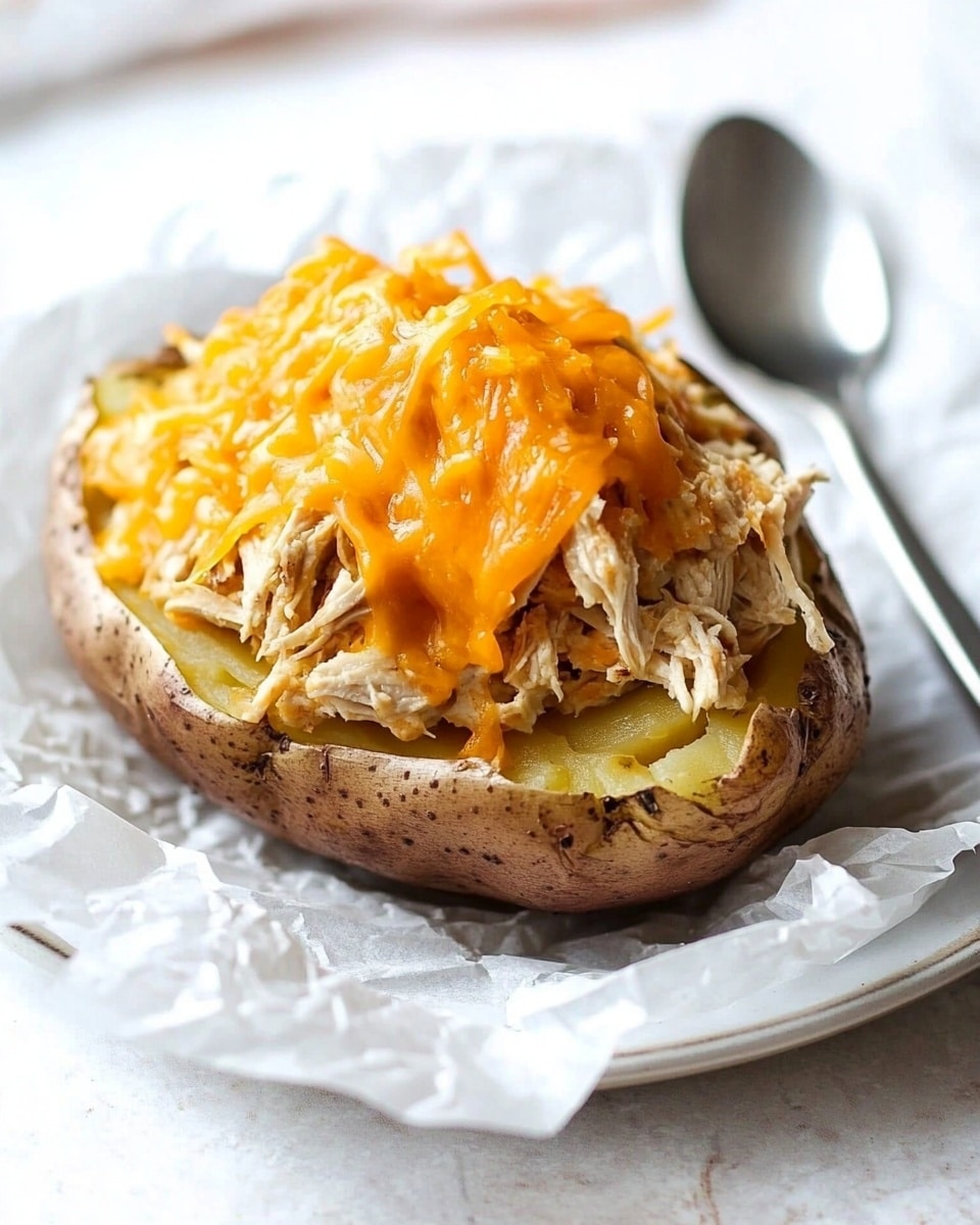 Cheesy Spicy Ranch Stuffed Baked Potatoes, stuffed baked potatoes with ranch and cheese, spicy ranch baked potato recipe, cheesy potato casserole, easy stuffed potato meals A baked potato with a brown, slightly rough skin sits in a white basket lined with white paper. The potato is split open and filled with a creamy, light beige chicken mixture. On top, there is a generous layer of melted bright orange cheddar cheese, with a drizzle of reddish-orange sauce adding contrast and shine. The setting includes a white marbled surface and soft white fabric in the background, giving a clean and cozy feel.