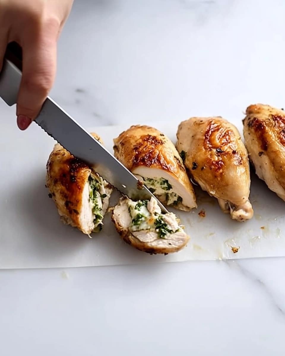 Stuffed Chicken Breast with Spinach and Cheese, chicken breast stuffed with spinach and cheese, easy stuffed chicken recipe, cheesy stuffed chicken dinner, elegant chicken breast main dish A woman's hand is slicing stuffed chicken on a white marbled surface, with three pieces of chicken breast arranged horizontally. The chicken is golden brown on the outside, and the stuffed inside layer is creamy white with dark green leafy bits visible. The sliced pieces reveal the filling inside clearly.