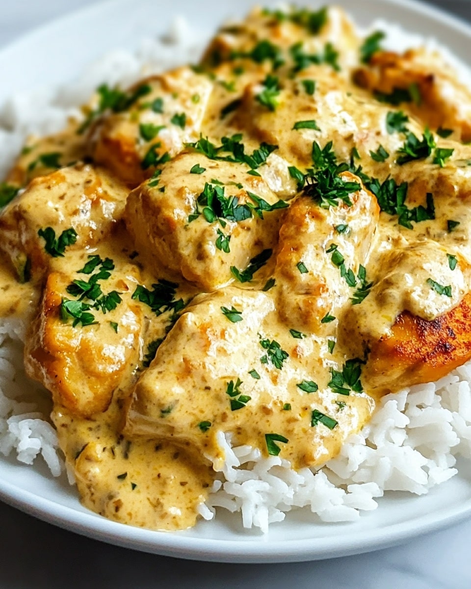 Creamy Smothered Chicken and Rice, hearty chicken and rice dish, comfort food recipes, easy chicken casserole, cheesy chicken and rice meal A close-up view of a white plate filled with a base layer of fluffy white rice. On top of the rice, there are two pieces of golden-brown cooked chicken with a slightly crispy texture. The chicken is covered in a thick, creamy sauce that has a light yellow color with small flecks of green herbs mixed in. Sprinkled generously over the chicken and sauce are fresh, bright green chopped parsley leaves, adding color contrast and freshness to the dish. The whole plate sits on a white marbled surface.