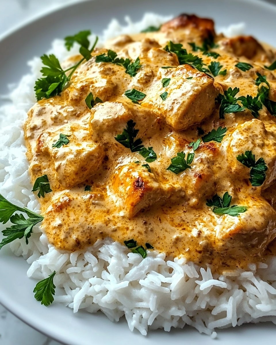 Creamy Smothered Chicken and Rice, hearty chicken and rice dish, comfort food recipes, easy chicken casserole, cheesy chicken and rice meal The image shows a white plate with two main layers: the bottom layer is fluffy white rice with visible grains, and the top layer is a creamy, golden-brown baked sauce with browned spots, containing chunky pieces of cooked chicken. The dish is garnished with fresh green parsley leaves scattered on top. The plate is set on a white marbled texture surface.