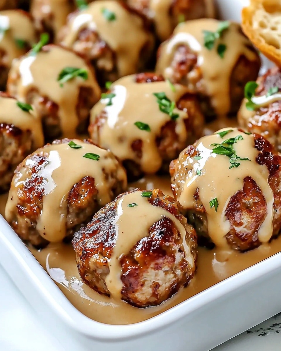 Rotel Cream Cheese Sausage Balls, sausage ball recipes with Rotel, cheesy sausage appetizers, spicy sausage bites, easy game day snacks The image shows a white rectangular dish filled with browned meatballs, each covered with a smooth, light orange sauce that drips over the sides. The meatballs have a slightly shiny and textured surface with darker browned spots, and small pieces of green chives are scattered on top for color contrast. The dish rests on a white marbled surface with part of a sliced bread visible on the right side. The scene is brightly lit, highlighting the glossy sauce and the rich color of the meatballs.