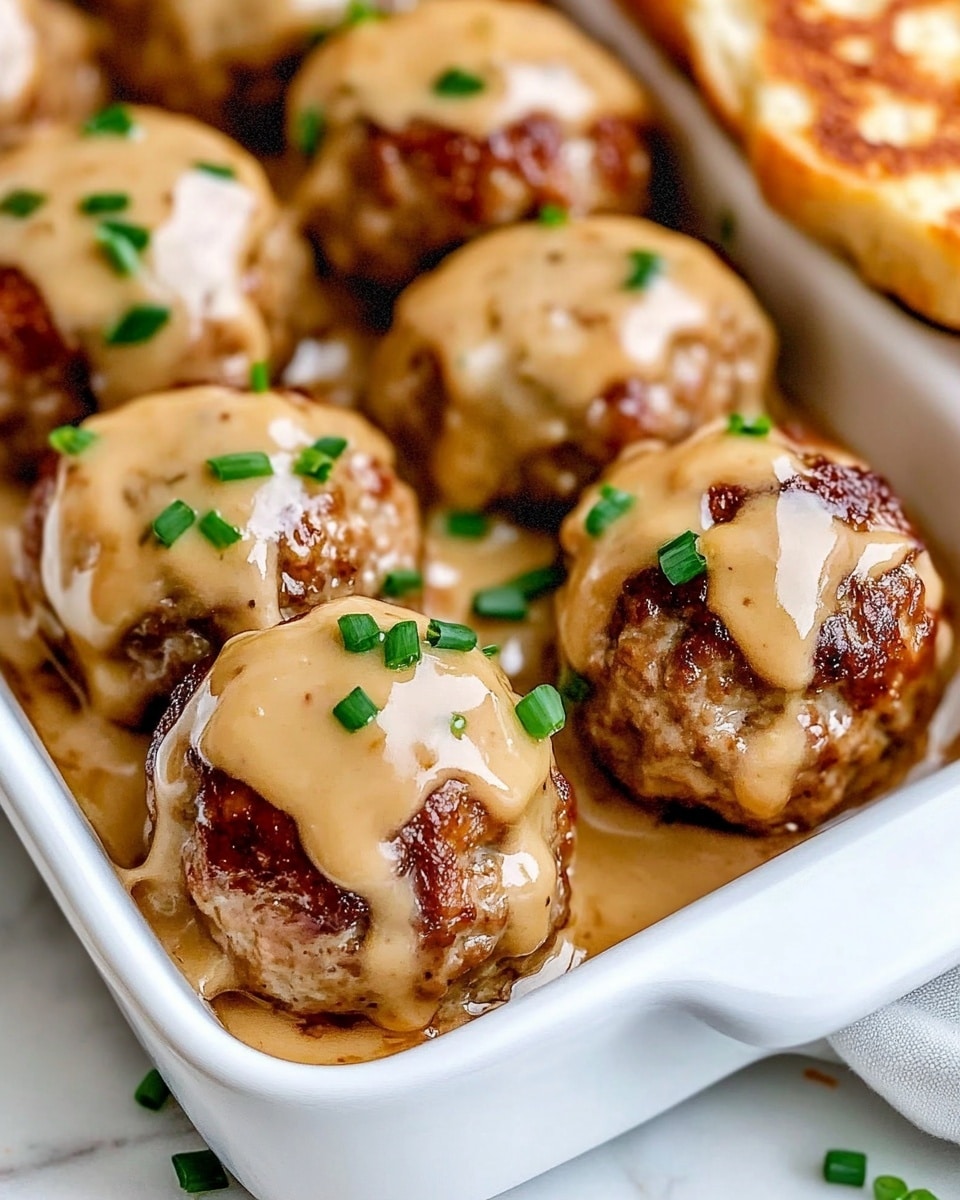 Rotel Cream Cheese Sausage Balls, sausage ball recipes with Rotel, cheesy sausage appetizers, spicy sausage bites, easy game day snacks A white rectangular dish filled with two layers of browned meatballs topped with a smooth light brown sauce that drips slightly down the sides. The meatballs have a textured surface with some darker caramelized spots. Small pieces of green chopped chives are scattered over the sauce, adding a pop of color. The dish is set on a white marbled surface, with part of a light-colored slice of bread visible at the edge.