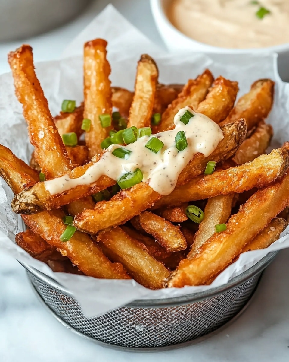 Louisiana Voodoo Fries, loaded Cajun fries, spicy Cajun fries with cheese, bacon and ranch fries, Louisiana-inspired loaded fries A metal basket lined with white parchment paper holds a pile of golden brown fried fries, each with a crispy textured coating. The fries are topped with a creamy white sauce that has visible pepper specks and small green chopped chives sprinkled on top. In the background, there is a white bowl with a creamy sauce and a small white dish partially visible on a white marbled surface.
