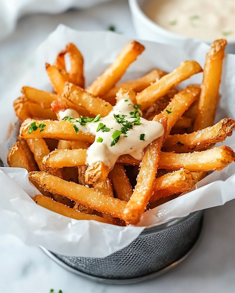 Louisiana Voodoo Fries, loaded Cajun fries, spicy Cajun fries with cheese, bacon and ranch fries, Louisiana-inspired loaded fries A basket lined with white parchment paper holds a pile of golden brown fried fries. The fries have a crispy texture with uneven, crunchy edges and some bumpy batter spots. On top, there is a drizzle of light cream-colored sauce with small pepper flakes visible. Small green onion pieces are scattered over the sauce, adding a fresh contrast to the golden and cream tones. In the blurred background, there is a white bowl with more creamy sauce, placed on a white marbled surface.