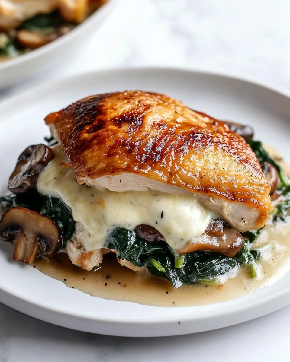 Mushroom Stuffed Chicken Breast, stuffed chicken breasts, easy chicken dinner, quick chicken recipe, savory stuffed chicken The image shows two golden brown cooked chicken pieces with crispy skin, each topped with melted white cheese that slightly covers the sides. Beneath the cheese and chicken, there are visible sautéed brown mushroom slices mixed with small bits of fresh green herbs scattered around. The chicken sits in a black pan with a light broth, resting on a white marbled surface with a white cloth underneath part of the pan.