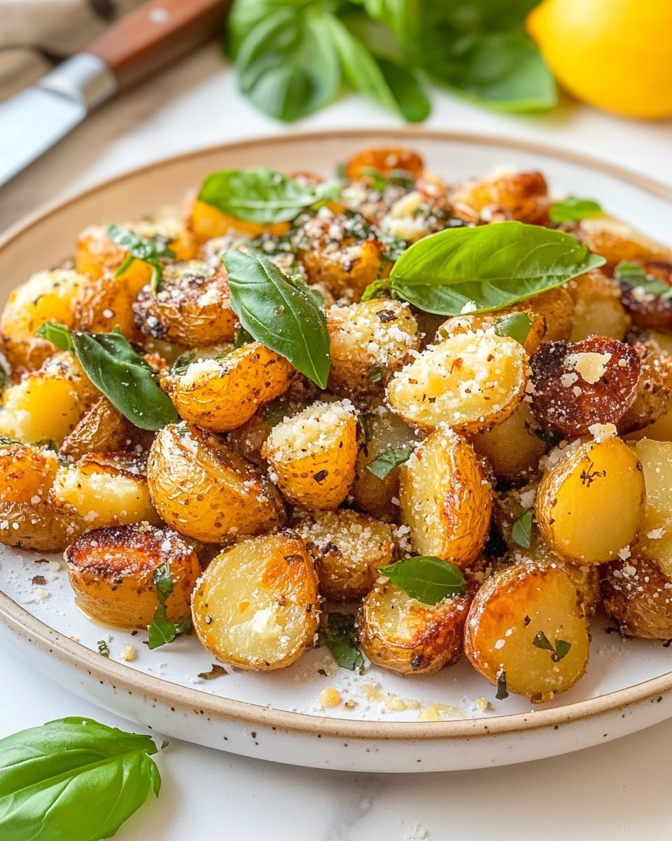 A white plate filled with crispy golden roasted potato pieces, each coated with small chunks of white creamy cheese mixed with herbs and spices. The potatoes have browned edges creating a crunchy texture, and the dish is topped with thin strips of fresh green basil leaves scattered evenly across the potatoes. The plate is placed on a white marbled surface with a green basil leaf at the front, a knife with a brown handle resting beside the plate, and a yellow lemon wedge in the background. Photo taken with an iphone --ar 4:5 --v 6.1