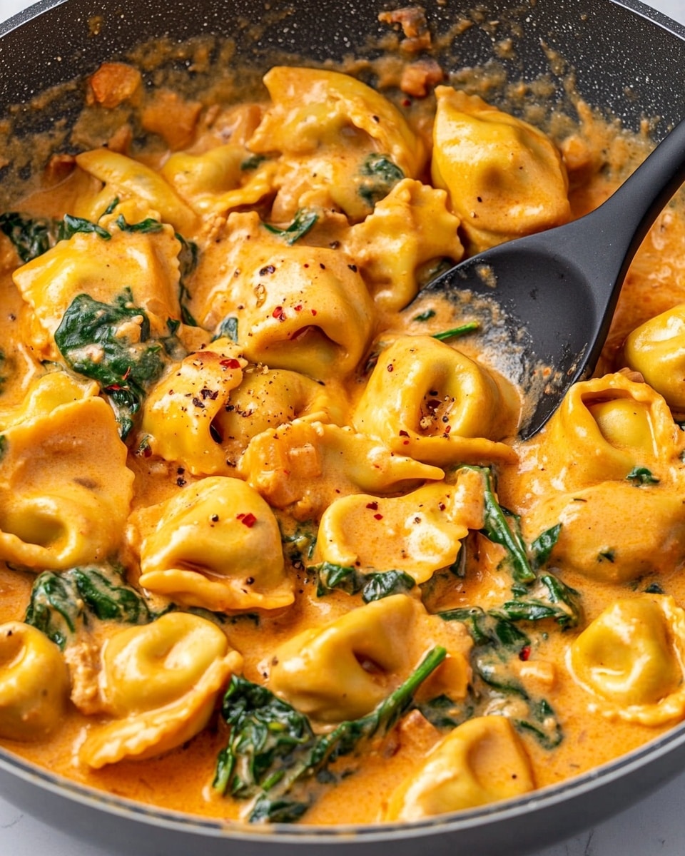 The image shows a close-up of a pan filled with tortellini pasta covered in a thick, creamy orange sauce. The tortellini are golden-yellow with a soft, slightly wrinkled texture. Mixed in the sauce are wilted dark green spinach leaves and small chunks of light brown meat or tofu. The sauce looks smooth and rich, coating each piece of tortellini and spinach well, with some red seasoning flakes visible. A black spoon is partly submerged in the pan, mixing the ingredients. The pan is light gray with a simple, smooth surface, and the background is a white marbled texture. Photo taken with an iphone --ar 4:5 --v 6.1