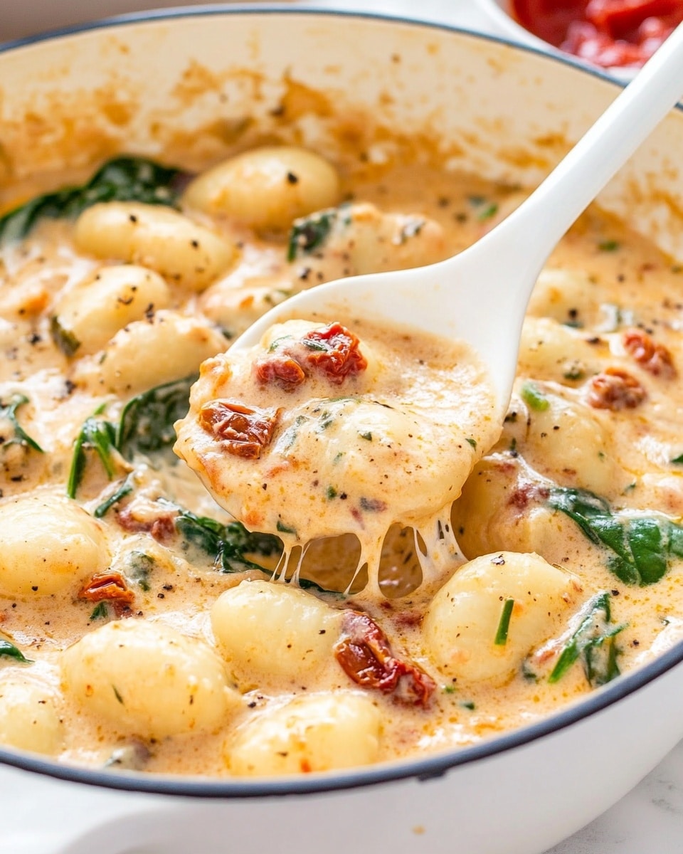 A close-up view of a white pan filled with creamy sauce mixed with small gnocchi, wilted green spinach leaves, and bits of red sun-dried tomatoes scattered throughout. The sauce is thick and pale orange with flecks of herbs and black pepper. A white spoon scoops a portion, showing the mix of soft gnocchi and vegetables coated evenly in the sauce, with some melted cheese strands stretching slightly. The background has a white marbled texture and a small bowl with a red sauce is blurred behind the pan. Photo taken with an iphone --ar 4:5 --v 6.1