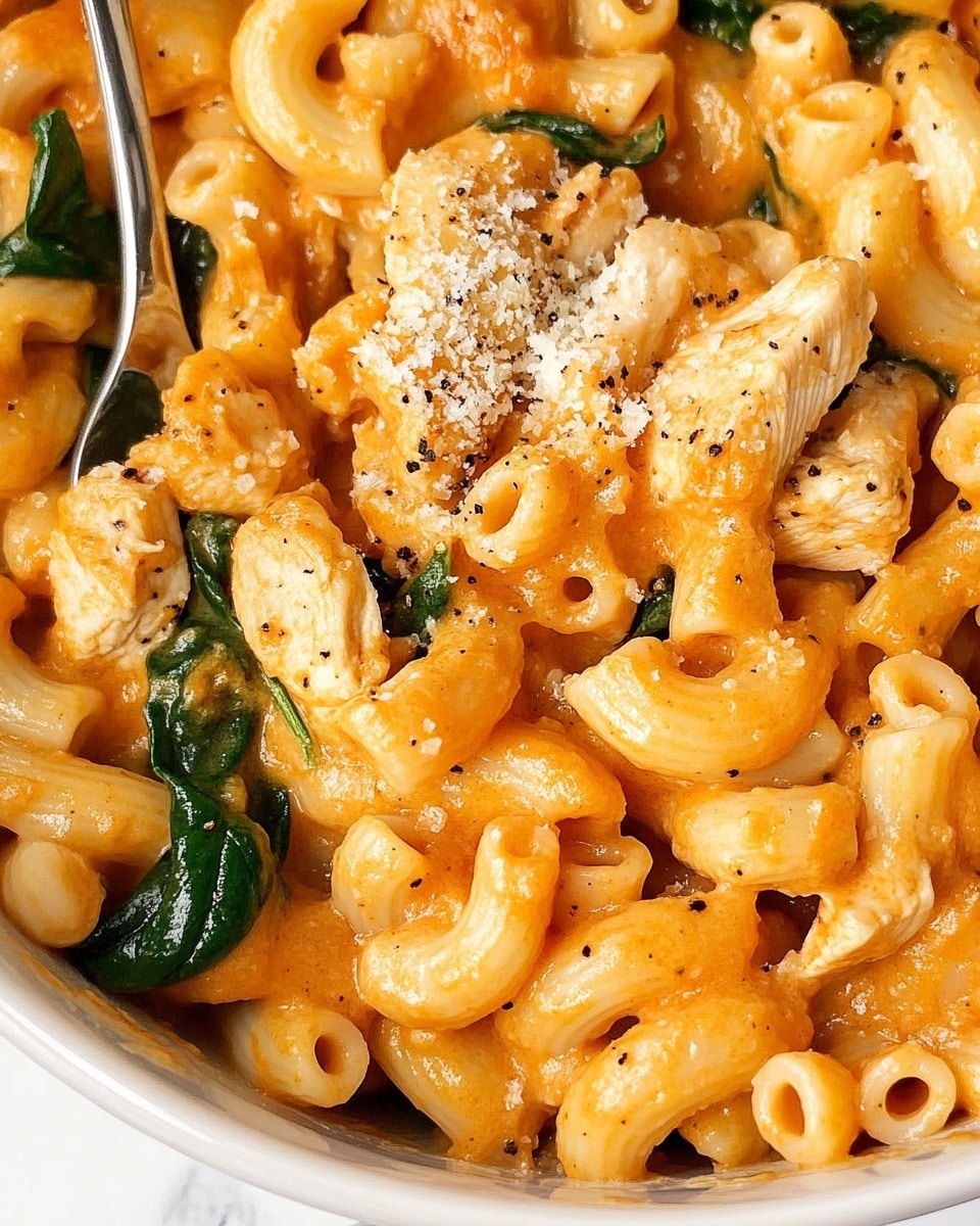 The image shows a close-up of a creamy pasta dish featuring elbow macaroni coated in a rich, smooth orange sauce. Mixed within the pasta are pieces of cooked chicken with a light brown exterior and fresh green spinach leaves. A generous layer of grated cheese with a pale, crumbly texture covers the left side of the dish. Sprinkled black pepper adds small dark specks across the pasta and chicken, enhancing the colors and texture. A silver spoon rests partially submerged on the right, lifting some of the pasta, all placed in a white bowl on a white marbled surface. photo taken with an iphone --ar 4:5 --v 6.1