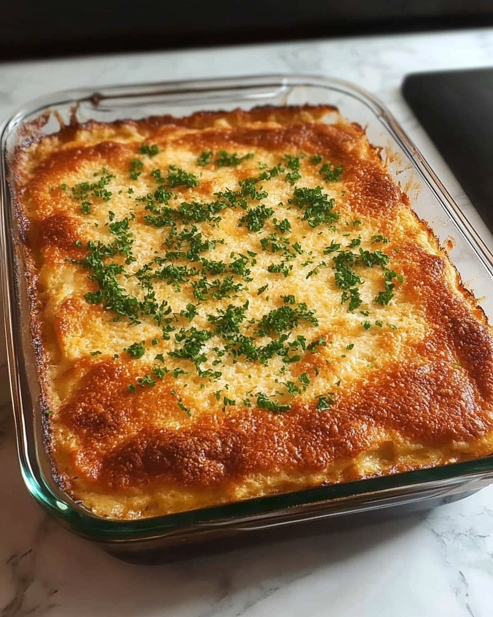 The dish is an oval white ceramic baking dish filled with a layered casserole. The top layer is golden brown with a crunchy texture, scattered evenly with chopped green onions and fresh green herbs. The base layer underneath appears creamy and light yellow, visible through the uneven crunchy topping. The dish sits on a black wire cooling rack over a white marbled surface, giving a clean and bright background. The overall look is warm, textured, and fresh with green accents on a warm golden topping photo taken with an iphone --ar 4:5 --v 6.1