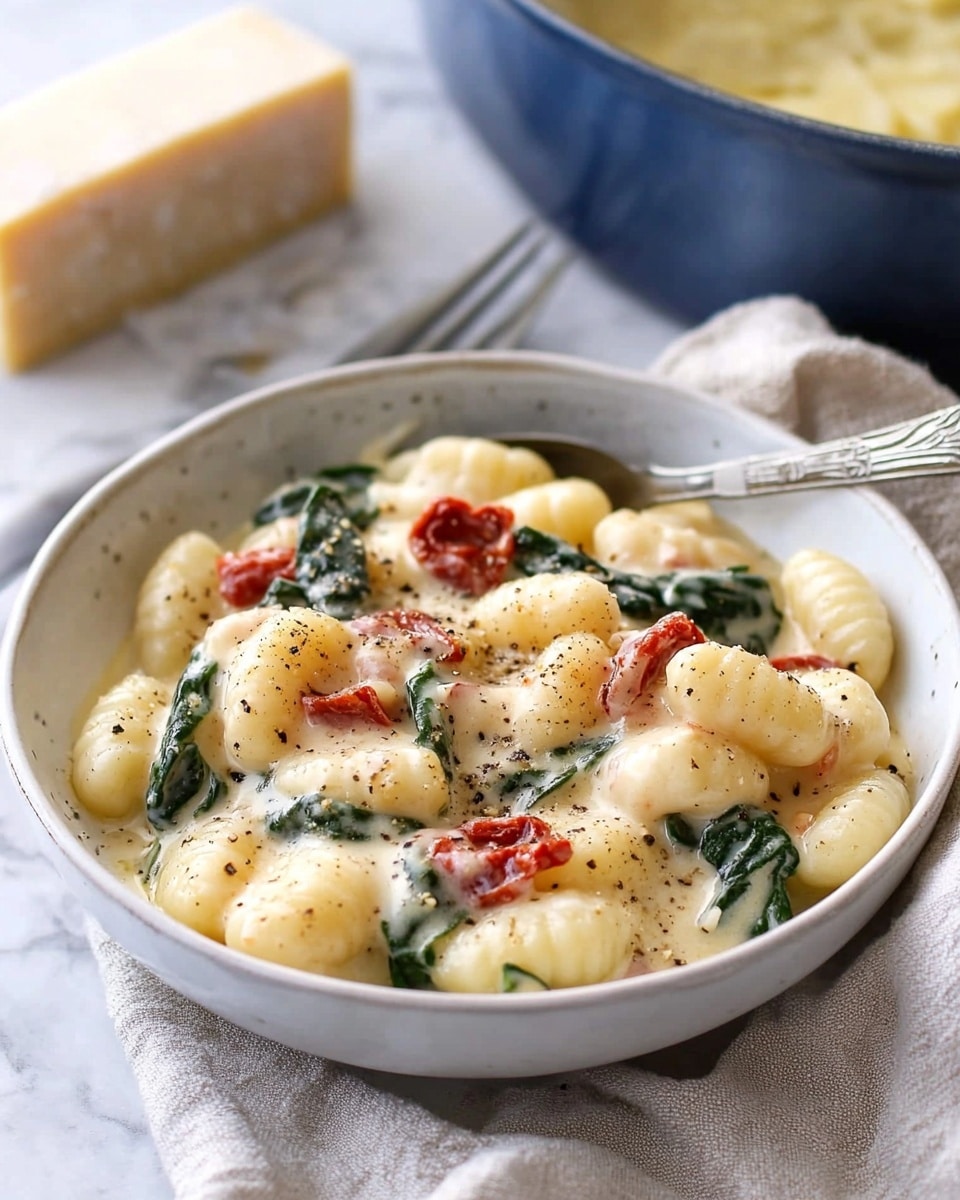 A white bowl is filled with creamy gnocchi mixed with green spinach leaves and chunks of red sun-dried tomatoes, all coated in a light yellow sauce speckled with tiny black pepper bits. The gnocchi pieces are soft and round, sitting evenly throughout the creamy base that has a smooth, slightly thick texture. A silver fork and spoon rest on the right side of the bowl, partially inside. In the background, a white bowl with a blue handle holds more of the same dish, showing the creamy sauce and ingredients. Beside the bowls, there is a light beige cloth with rough texture laid over a white marbled surface, along with a block of light yellow cheese and a metal grater partially wrapped in a dark gray cloth. photo taken with an iphone --ar 4:5 --v 6.1